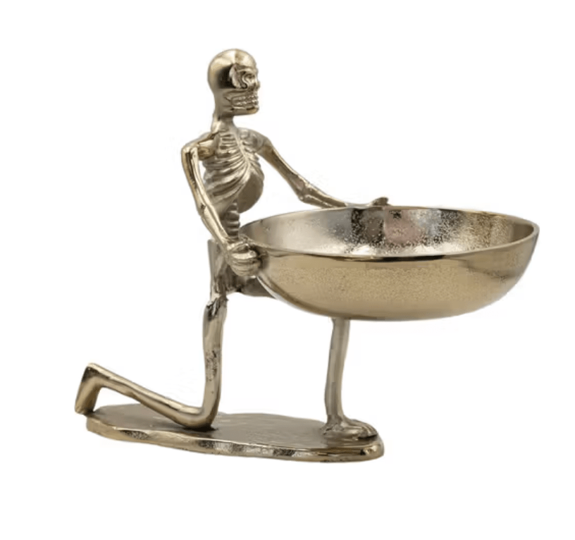 Cast Aluminum Kneeling Skeleton Holding Bowl - Something Splendid Co.