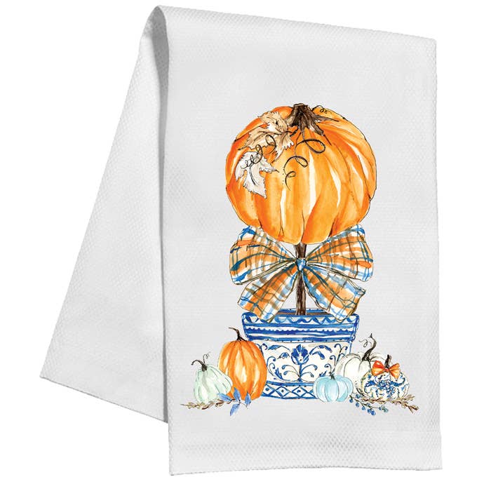 Fall Tea Towel - Pumpkin Topiary Orange and Blue Plaid Bow Kitchen Towel - Something Splendid Co.