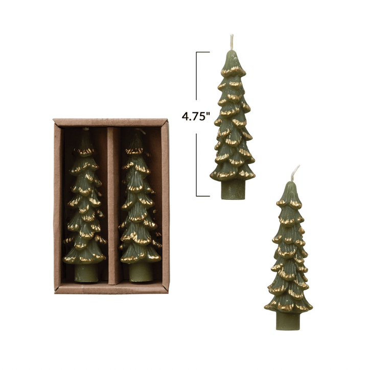 Green Tree Taper Candles w/ Gold Tips, Set of 2 - Something Splendid Co.