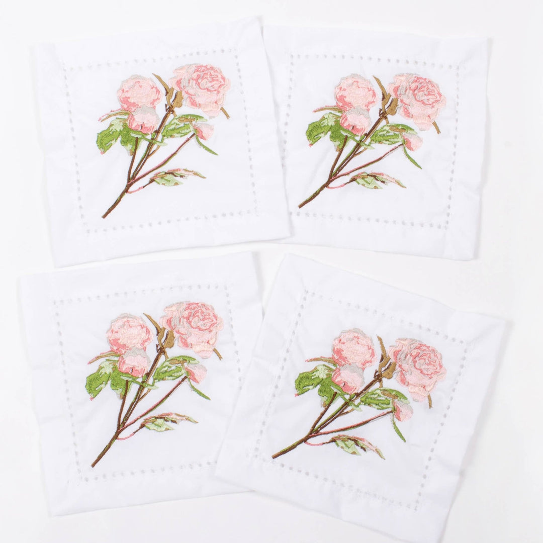 Peonies Embroidered Cocktail Napkin Set - Something Splendid Co.