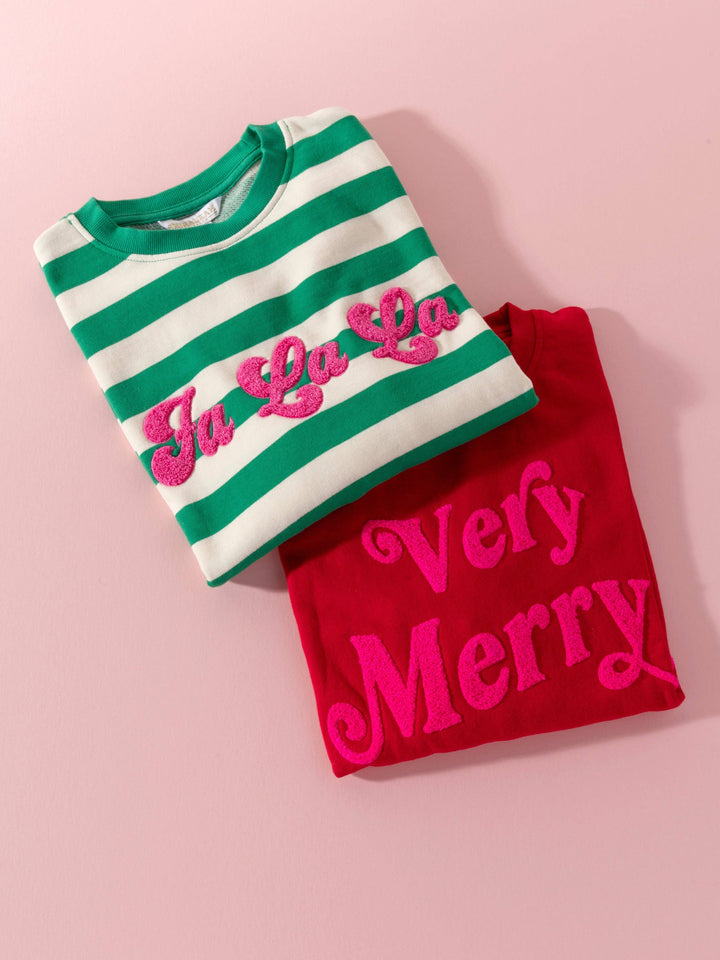 "FA LA LA" STRIPE SWEATSHIRT, GREEN
