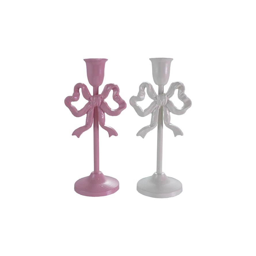 10" Cast Iron Bow Taper Holder, Pink & White - Something Splendid Co.