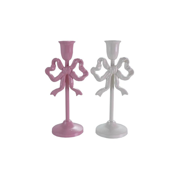 10" Cast Iron Bow Taper Holder, Pink & White - Something Splendid Co.