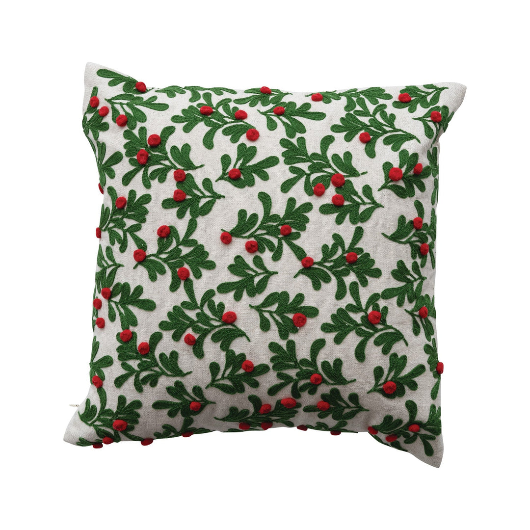 16" Square Cotton & Linen Pillow with Embroidered Mistletoe Pattern - Something Splendid Co.