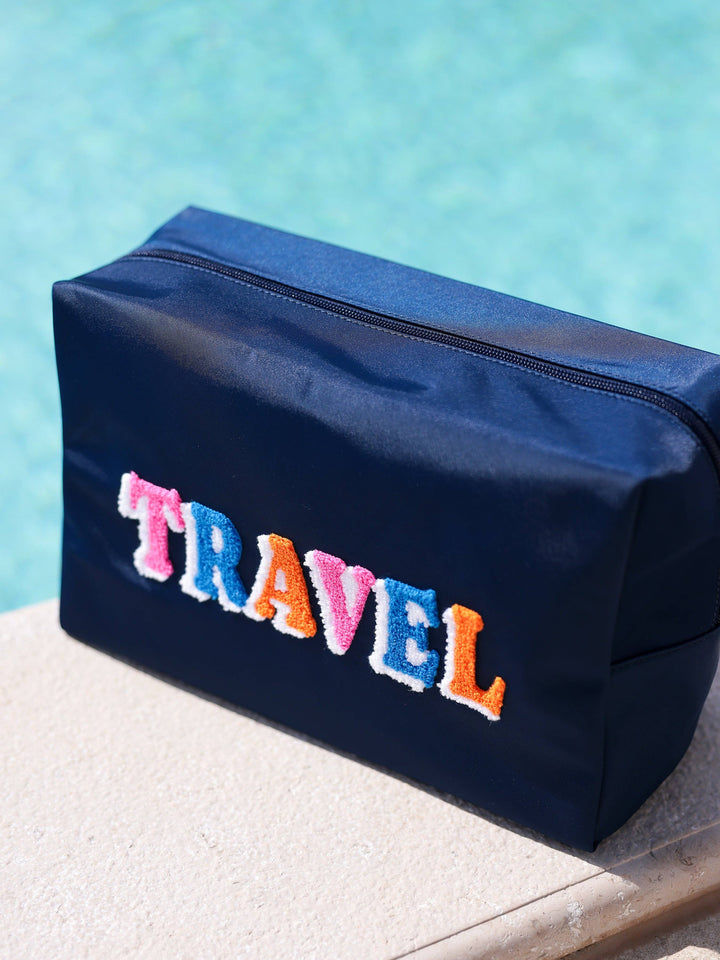 "TRAVEL" OVERSIZED ZIP POUCH, NAVY