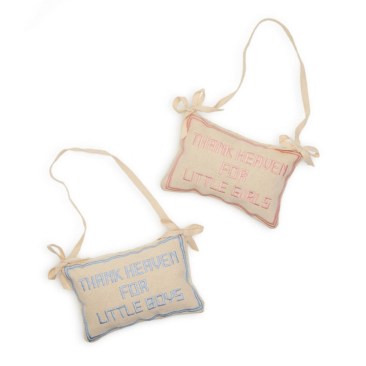 Two decorative pillows with embroidered text on a white background