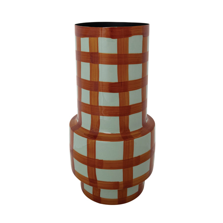 Enameled Metal Vase with Grid Pattern, Light Blue & Rust Color