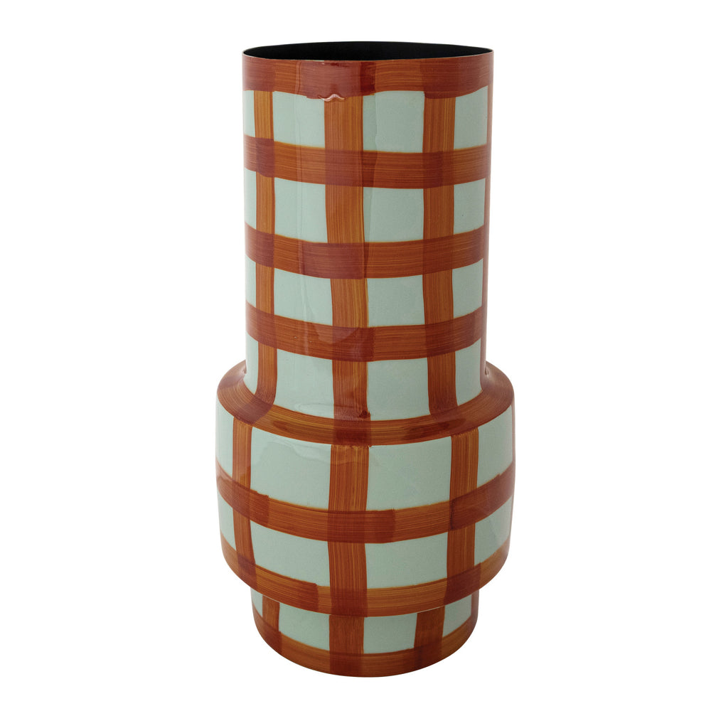 Enameled Metal Vase with Grid Pattern, Light Blue & Rust Color, view 2