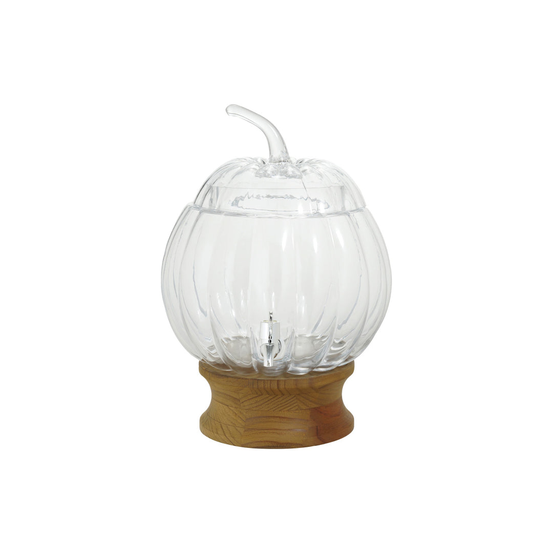 8-1/2 Quart Glass Pumpkin Shaped Beverage Dispenser with Wood Stand, Set of 2