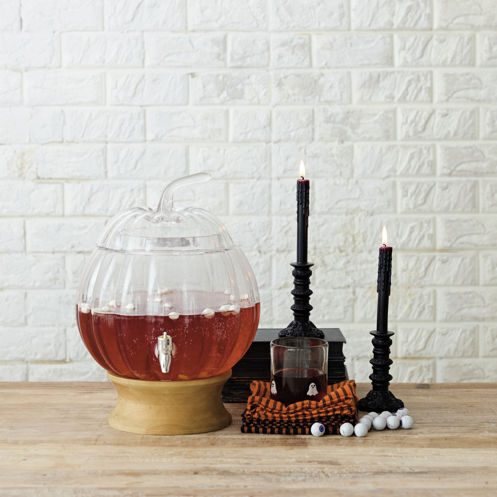 8-1/2 Quart Glass Pumpkin Shaped Beverage Dispenser with Wood Stand, Set of 2, view 2