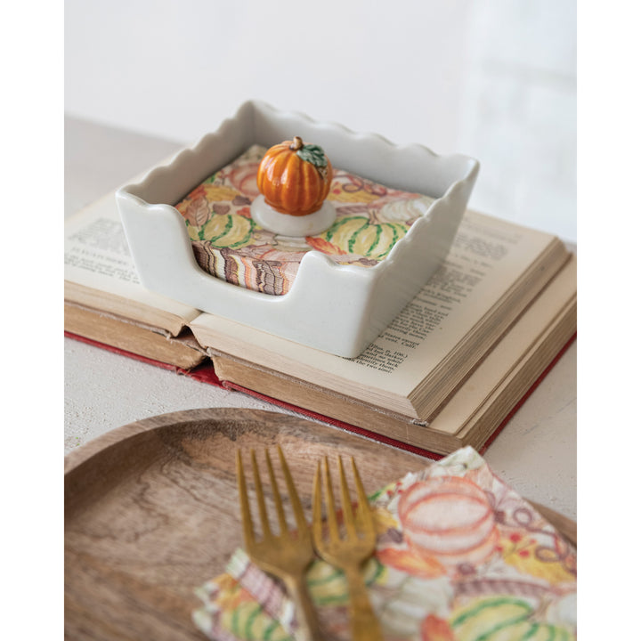 Stoneware Scalloped Cocktail Napkin Holder with Weight, view 2