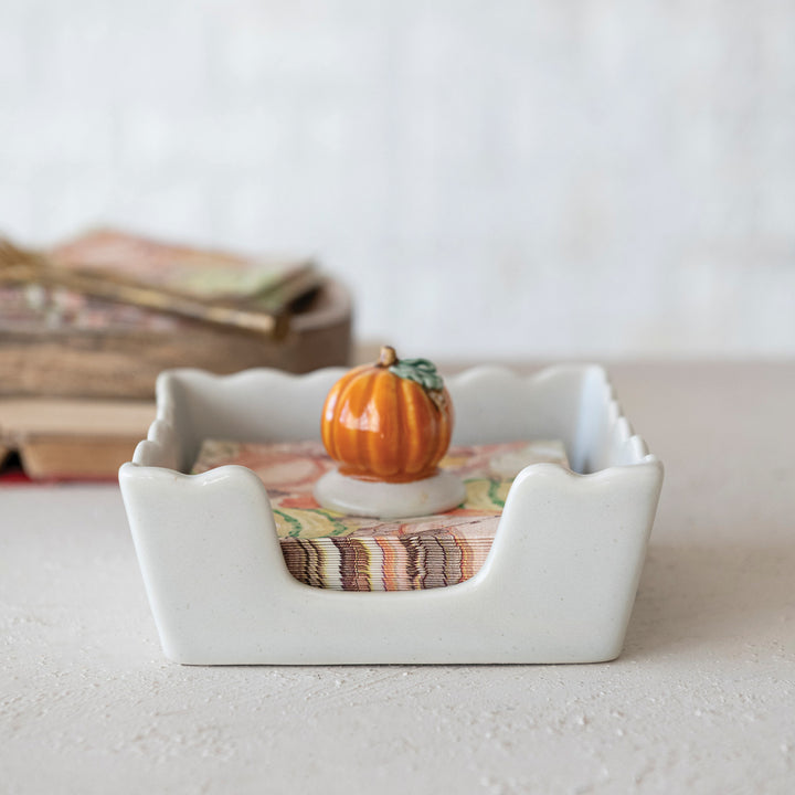 Stoneware Scalloped Cocktail Napkin Holder with Weight, view 3