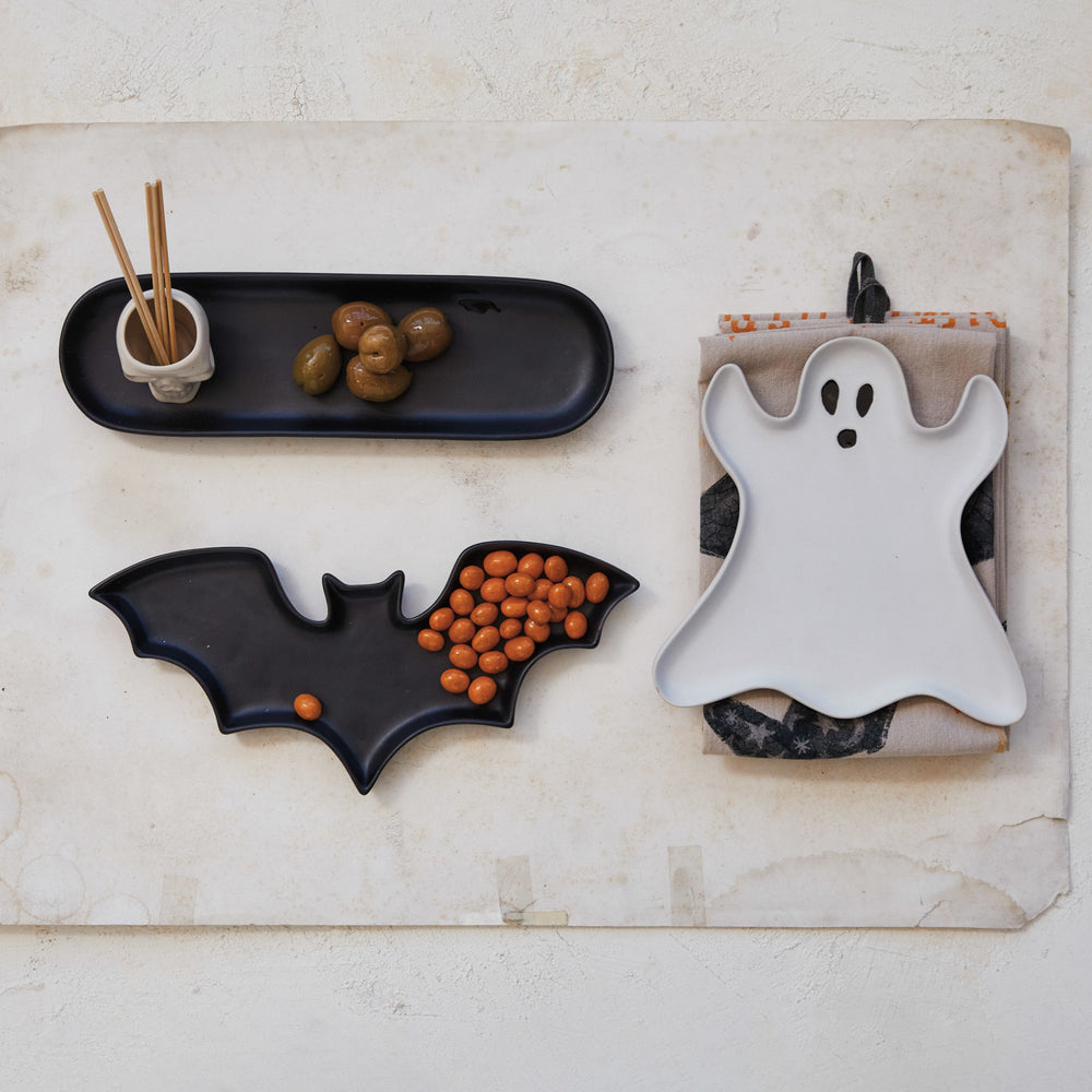Stoneware Ghost Shaped Plate, Matte White & Black, view 2