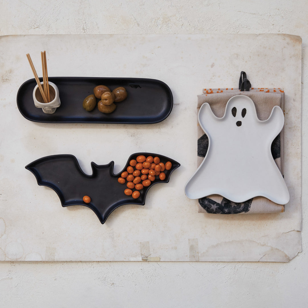 Stoneware Ghost Shaped Plate, Matte White & Black, view 2