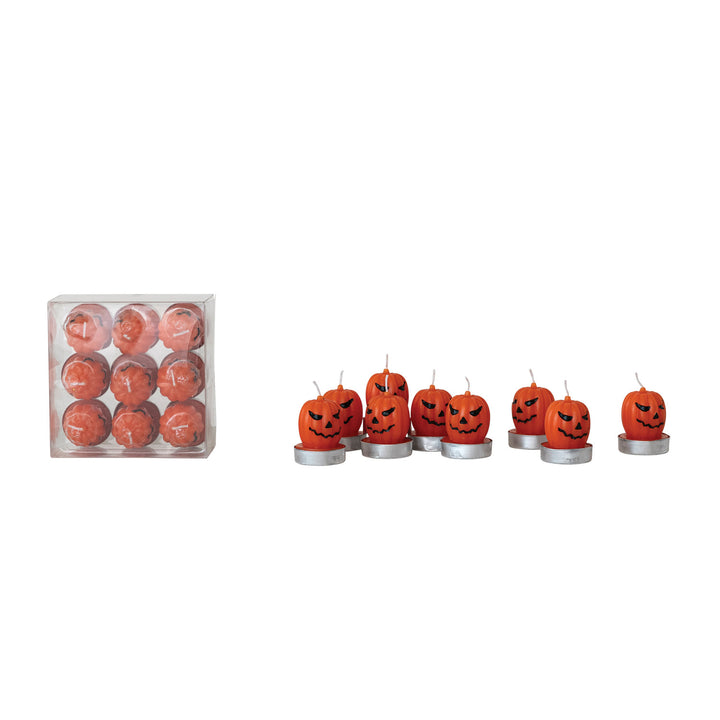 Unscented Jack-O-Lantern Shaped Tealights in Box, Orange Color & Black, Set of 9
