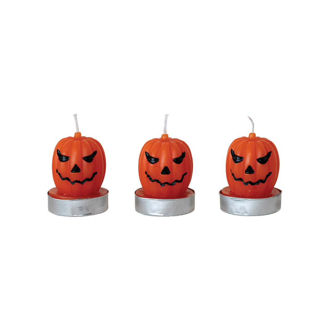 Unscented Jack-O-Lantern Shaped Tealights in Box, Orange Color & Black, Set of 9, view 2