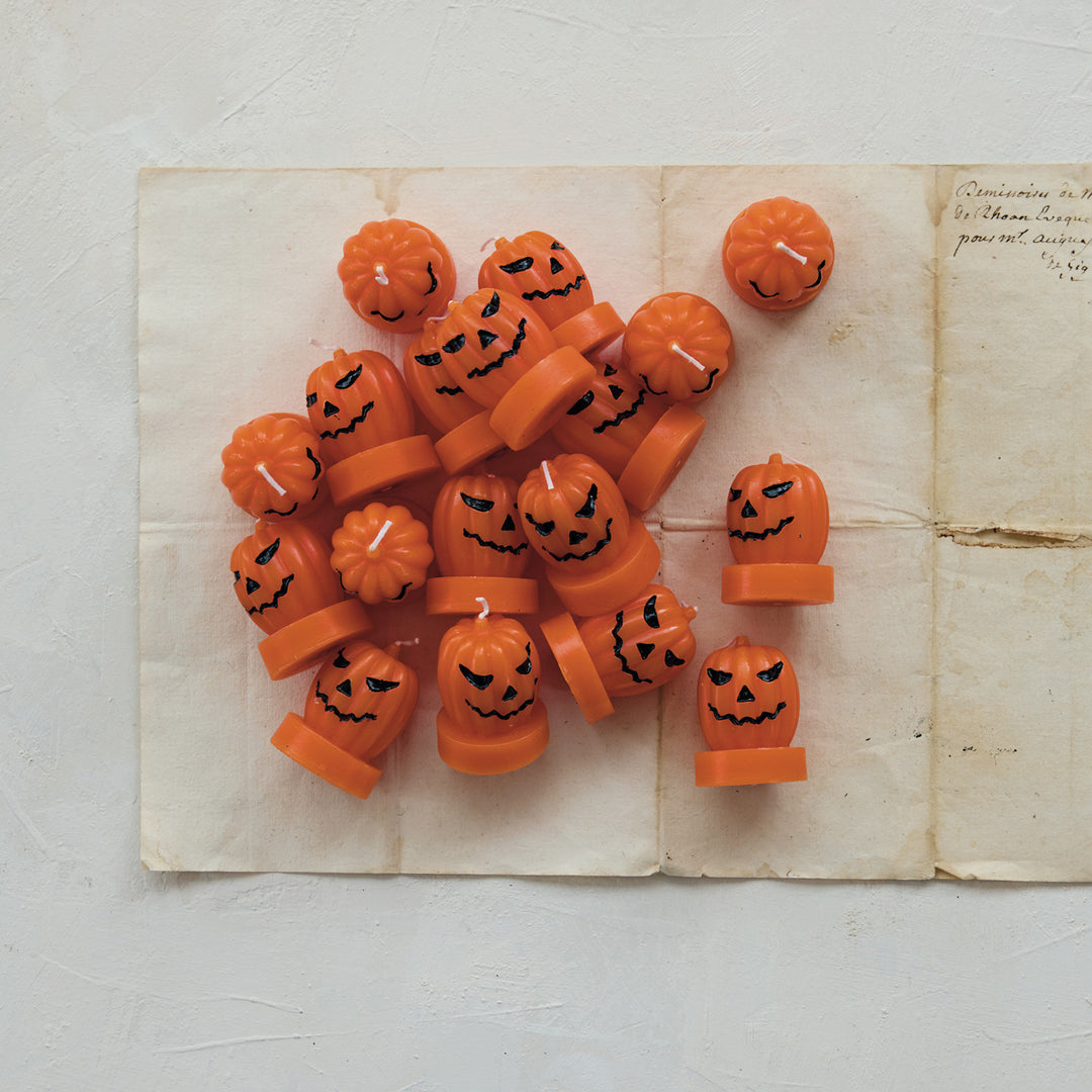 Unscented Jack-O-Lantern Shaped Tealights in Box, Orange Color & Black, Set of 9, view 3