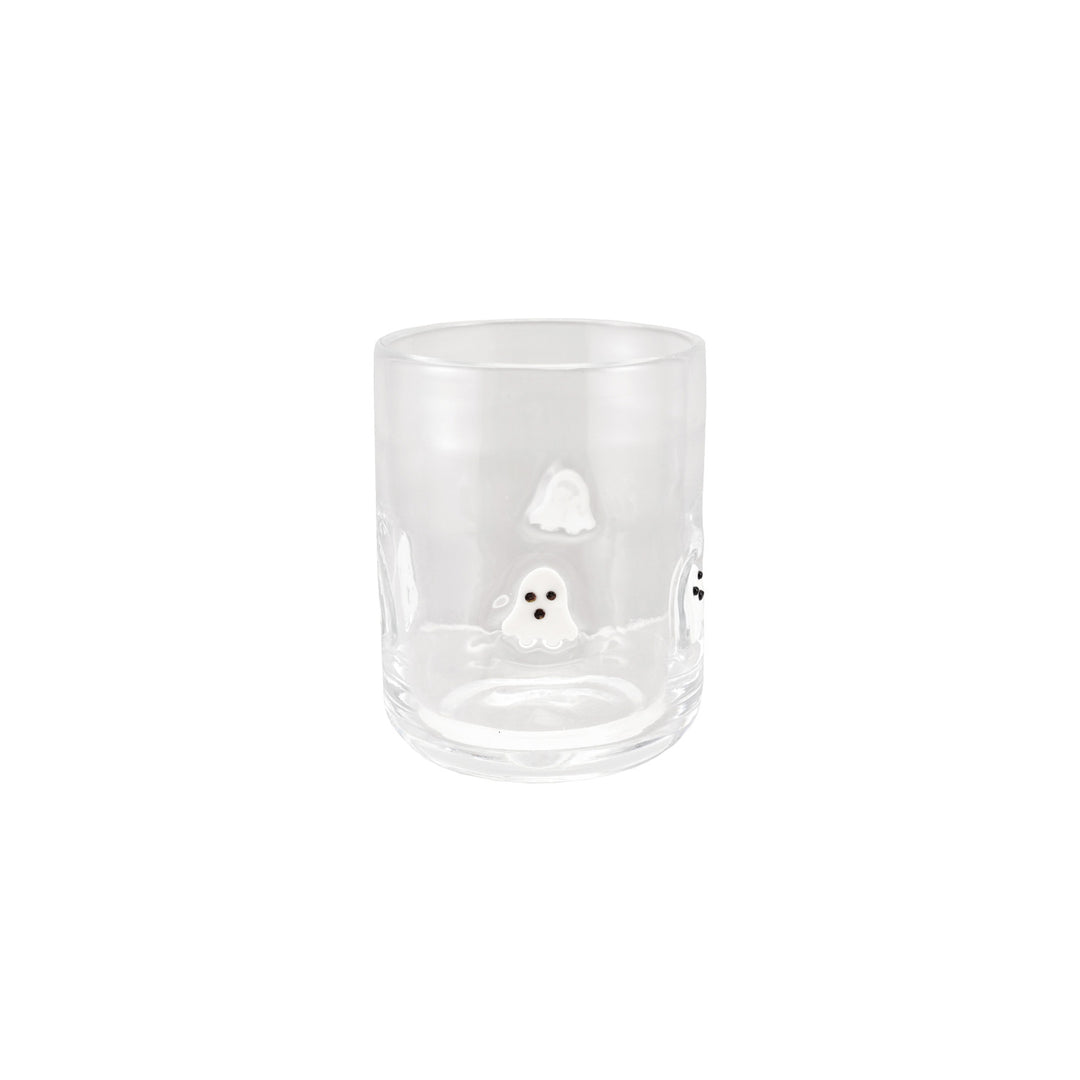 Clear glass tumbler with a small white design on a white background