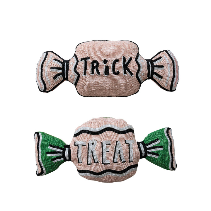 Glass Beaded Fabric Candy Shaped Pillow with Cotton Velvet Back "Trick"/"Treat", 2 Styles