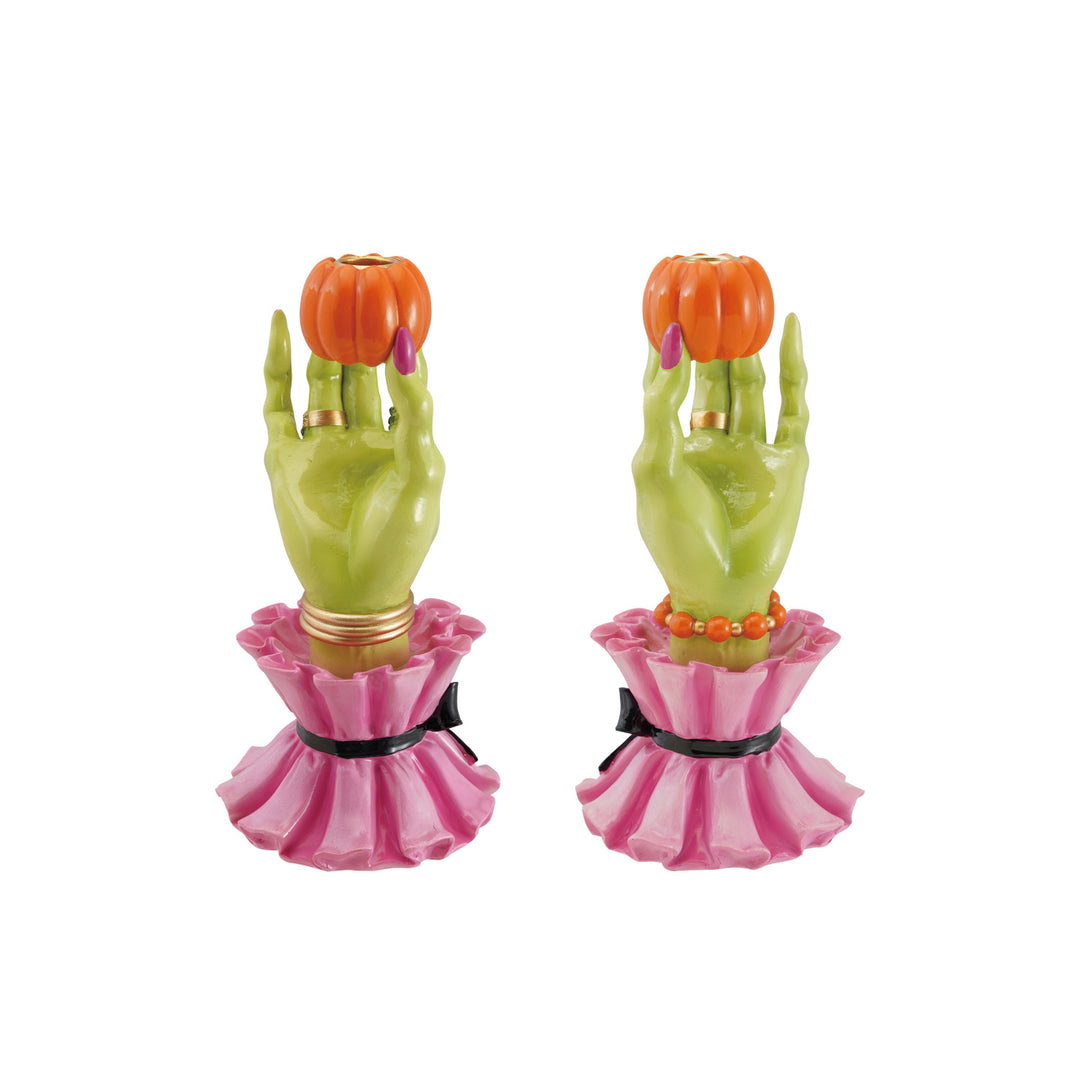 Resin Witch Hand Shaped Taper Holder with Rings & Bracelets Holding Pumpkin, 2 Styles