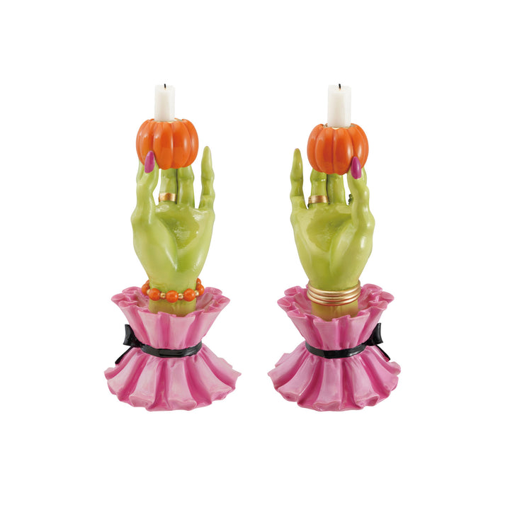 Resin Witch Hand Shaped Taper Holder with Rings & Bracelets Holding Pumpkin, 2 Styles, view 2