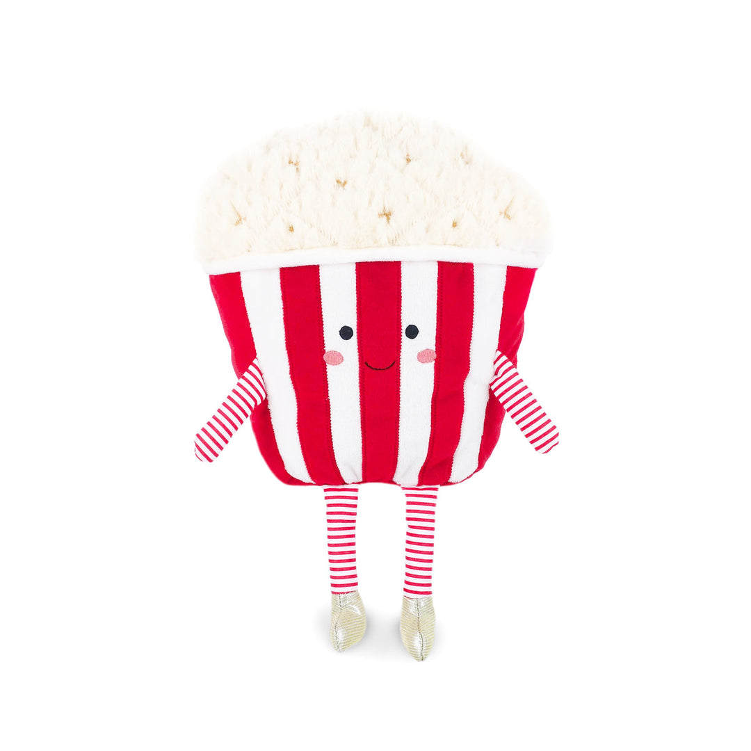 A plush popcorn character toy with red and white vertical stripes, a fluffy white popcorn head, striped arms, and striped legs with shiny silver shoes, shown on a plain white background.