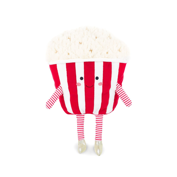 A plush popcorn character toy with red and white vertical stripes, a fluffy white popcorn head, striped arms, and striped legs with shiny silver shoes, shown on a plain white background.