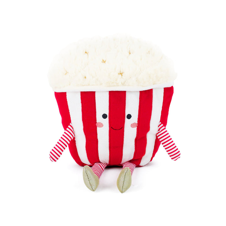 Plush toy resembling a striped popcorn container with a face on a white background