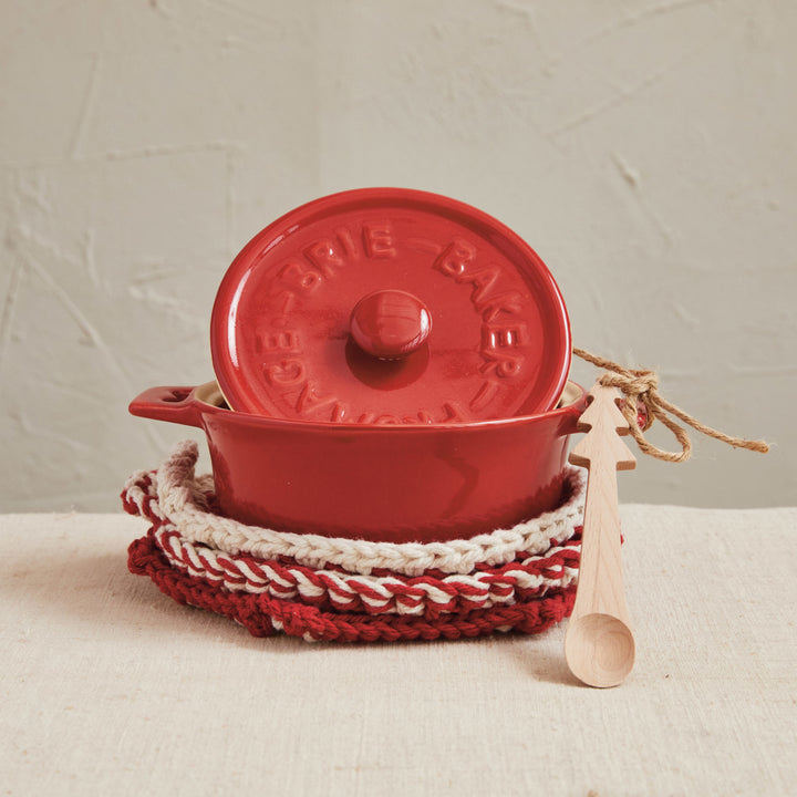 Stoneware Brie Baker w/ Wood Tree Shaped Spoon, Red, Set of 2 (Each One Will Vary), view 3