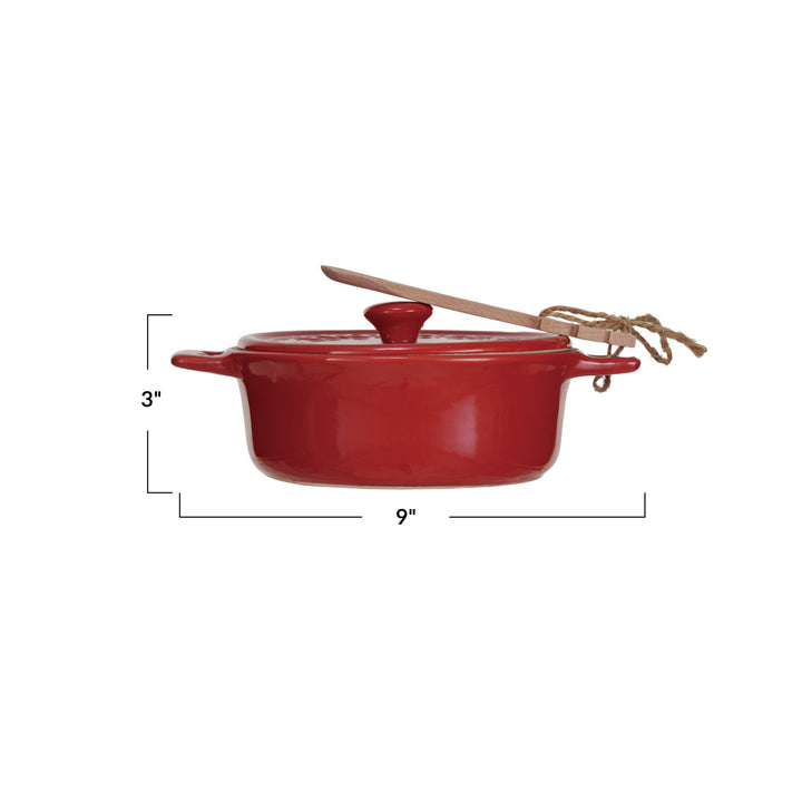 Stoneware Brie Baker w/ Wood Tree Shaped Spoon, Red, Set of 2 (Each One Will Vary), view 4
