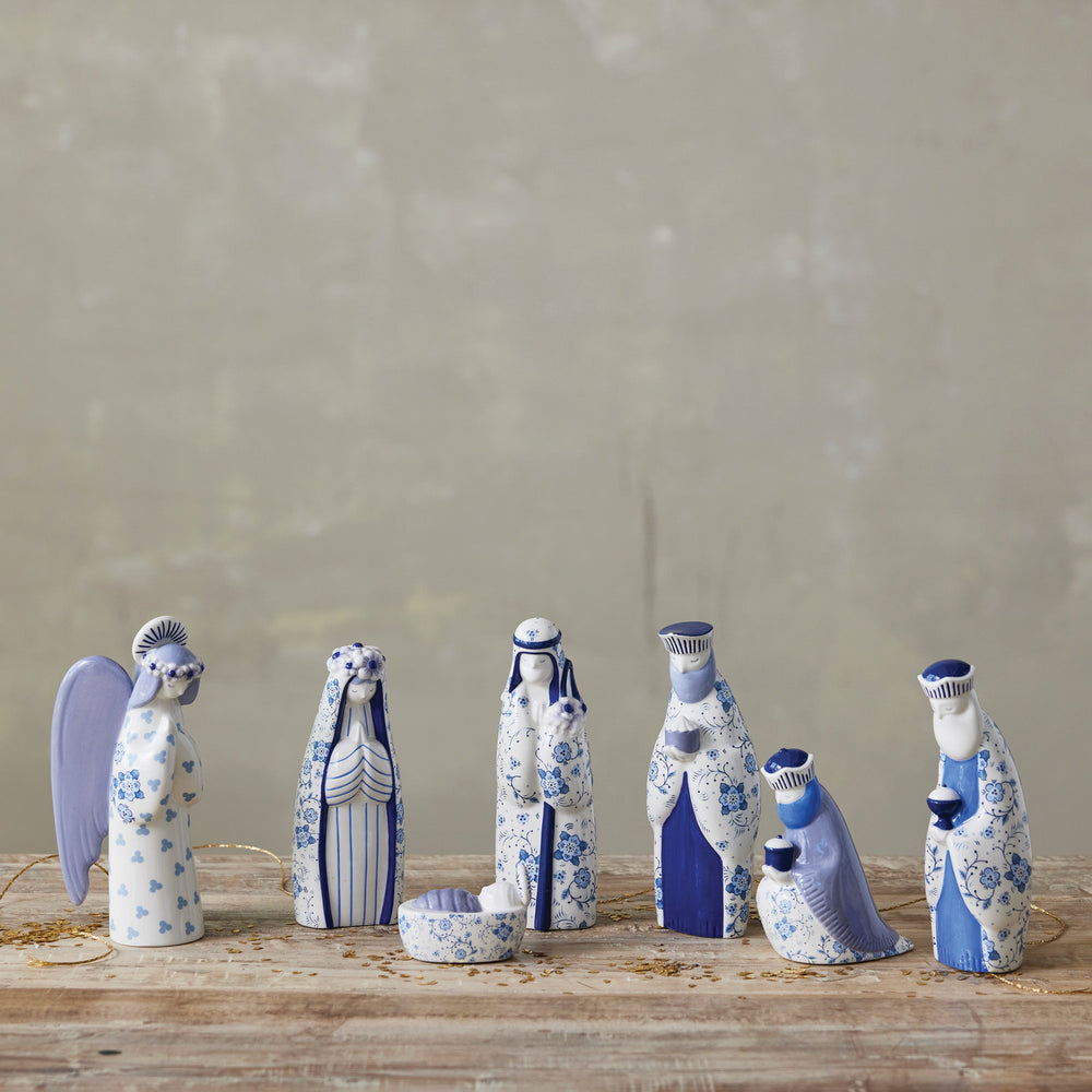 Ceramic Nativity with Floral Pattern, Blue & White, Set of 7, view 2