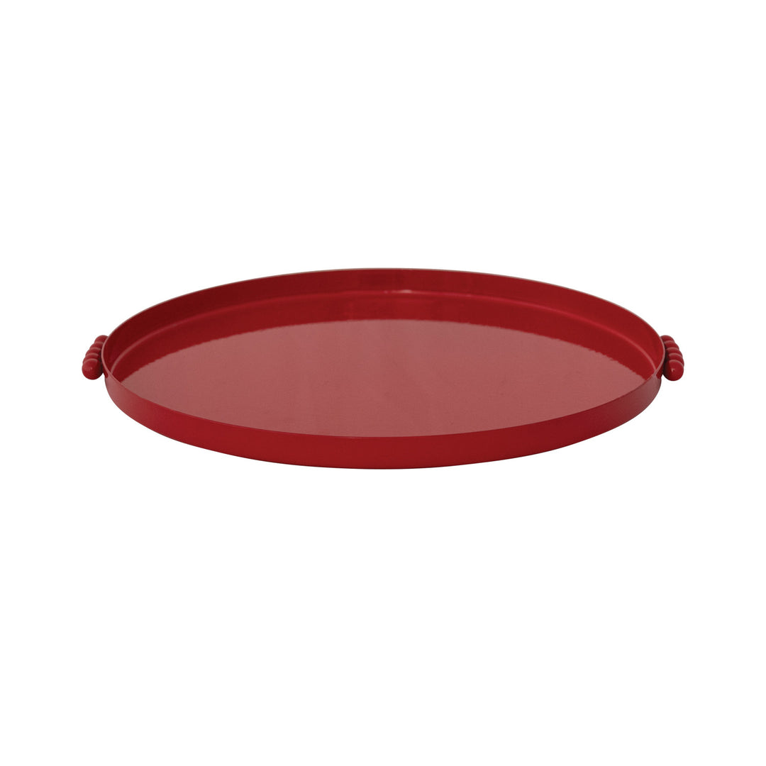 Decorative Enameled Metal Tray with Ball Handles, Red