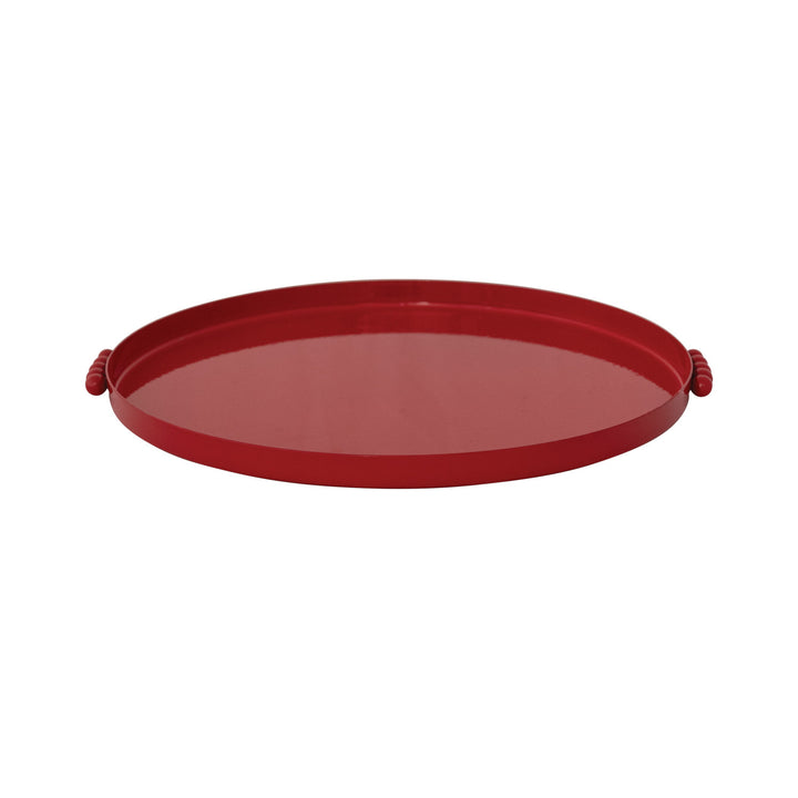 Decorative Enameled Metal Tray with Ball Handles, Red