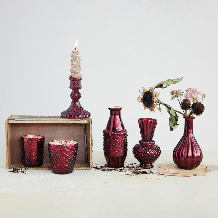 Embossed Recycled Glass Taper Holder, Burgundy, view 4