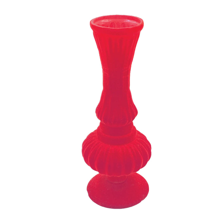 Embossed Flocked Glass Footed Vase, Red, view 3