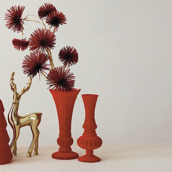 Embossed Flocked Glass Footed Vase, Red, view 4