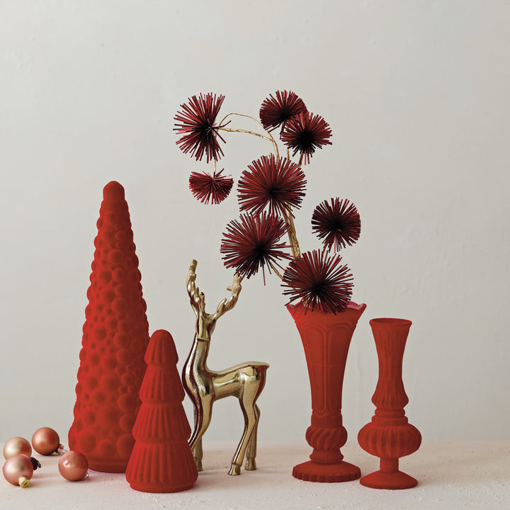Embossed Flocked Glass Footed Vase, Red, view 5