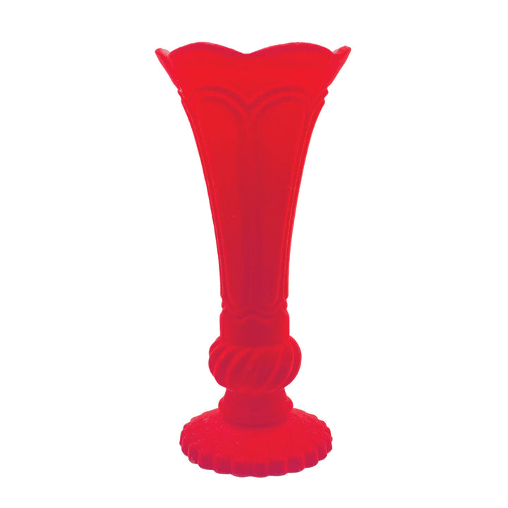 Embossed Flocked Glass Footed Vase with Scalloped Rim, Red, view 3