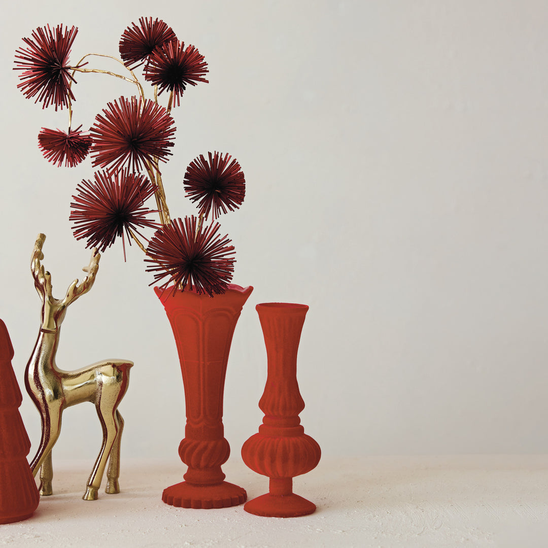 Embossed Flocked Glass Footed Vase with Scalloped Rim, Red, view 4