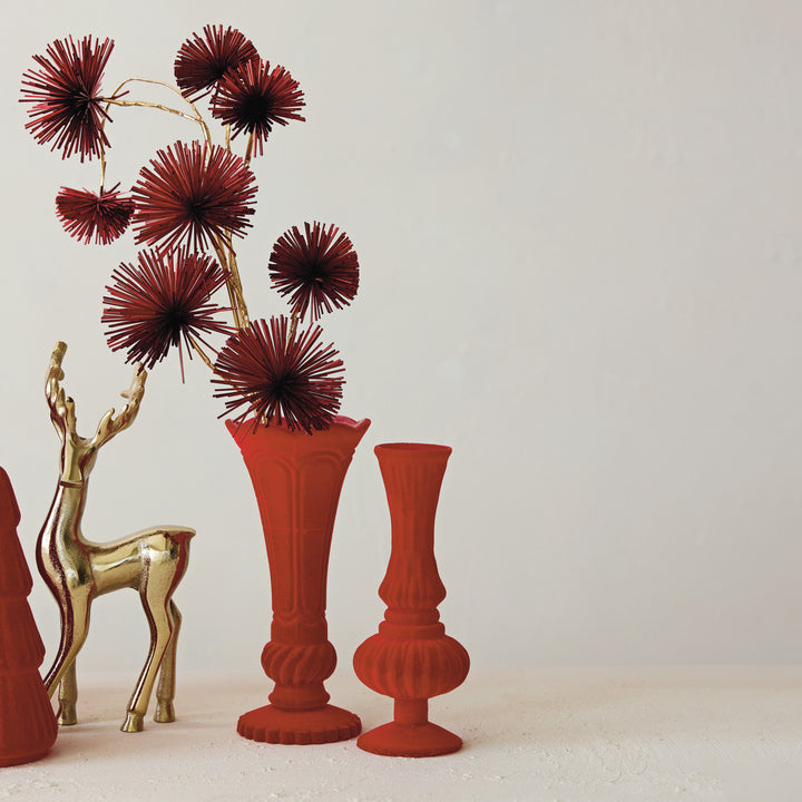 Embossed Flocked Glass Footed Vase with Scalloped Rim, Red, view 4