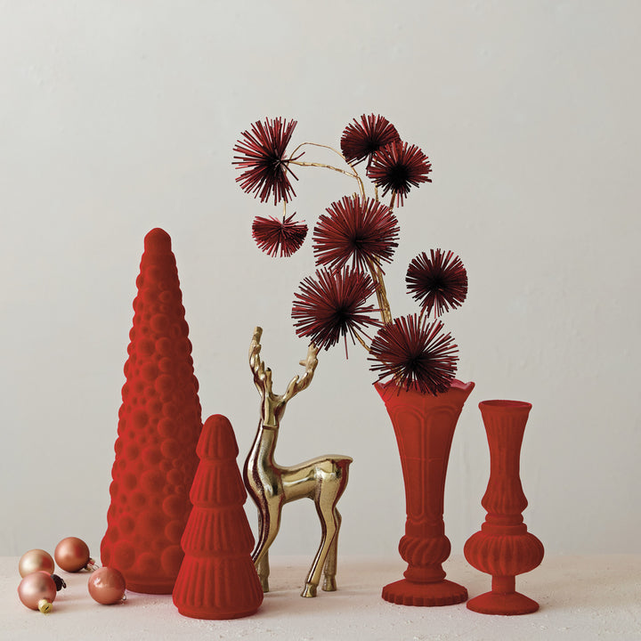 Embossed Flocked Glass Footed Vase with Scalloped Rim, Red, view 5