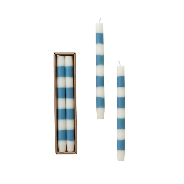 Unscented Taper Candles with Stripes in Box & Blue, Set of 2 (Est. Burn Time 10 Hours)