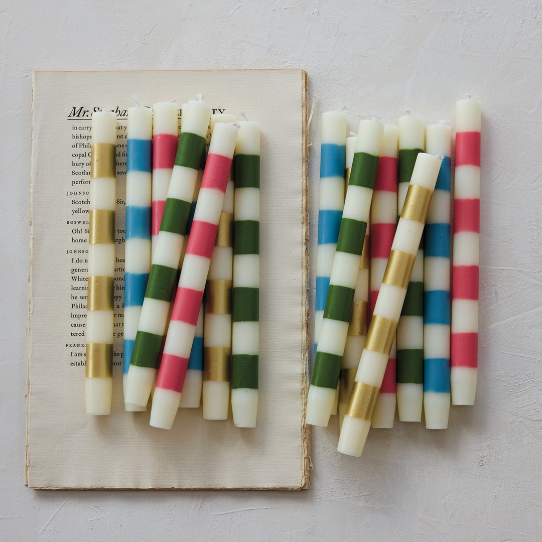 Unscented Taper Candles with Stripes in Box & Blue, Set of 2 (Est. Burn Time 10 Hours), view 3