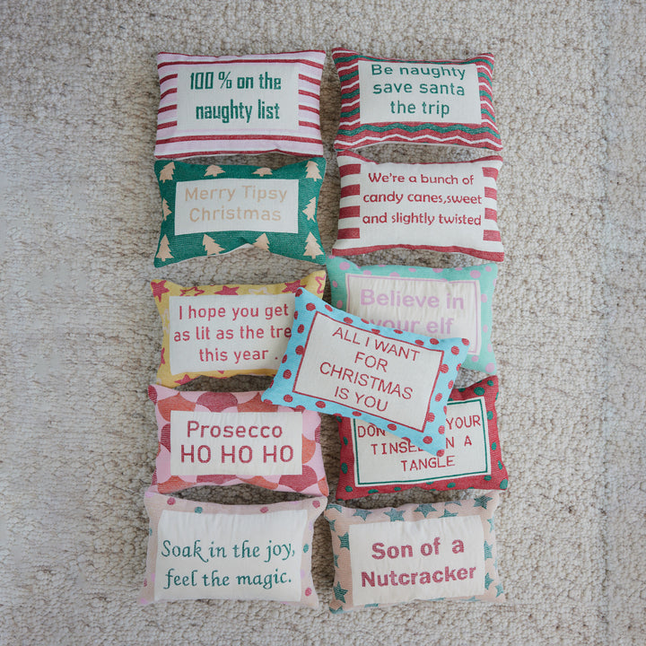 Cotton Embroidered Lumbar Pillow with Polka Dot Pattern "Don't Get Your Tinsel...", view 3