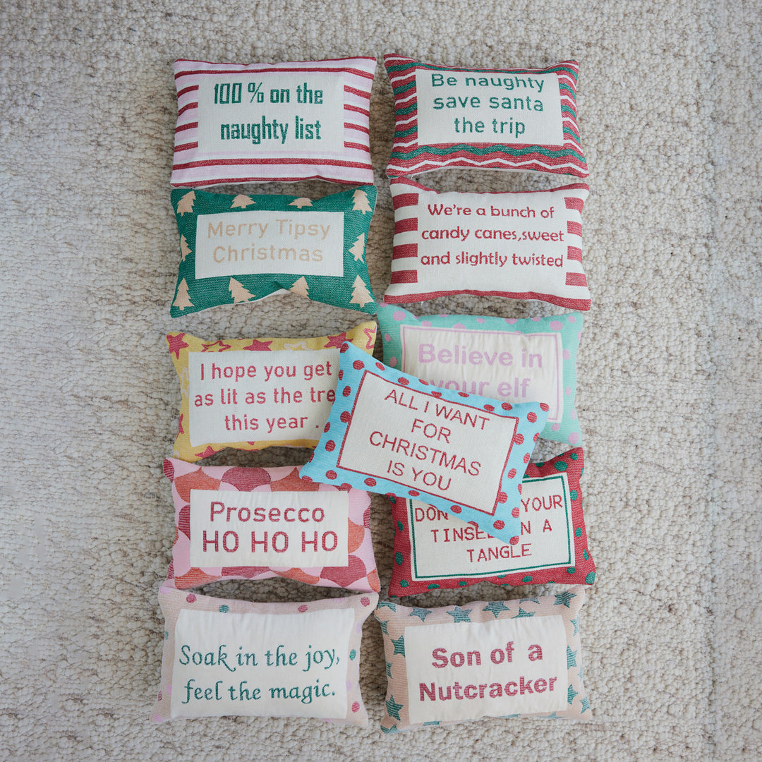 Cotton Embroidered Lumbar Pillow with Stripes "We're A Bunch Of Candy Canes...", view 3