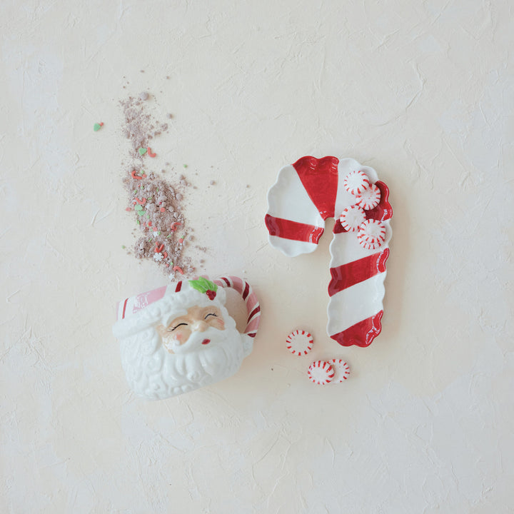 Stoneware Scalloped Striped Candy Cane Shaped Dish, Red & White, view 2