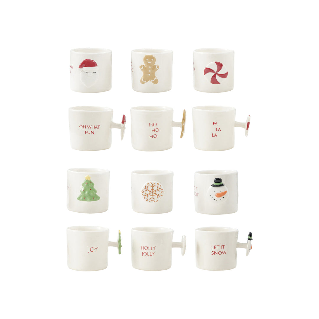 12 oz. Hand-Painted Stoneware Mug with Holiday Saying & Icon Shaped Handle, 6 Styles