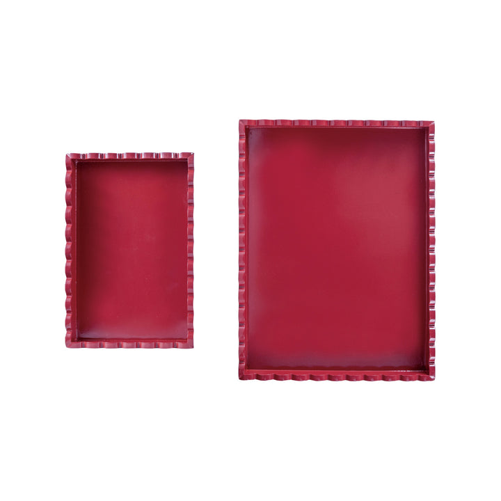 Decorative MDF Lacquered Scalloped Trays, Cranberry Color, Set of 2