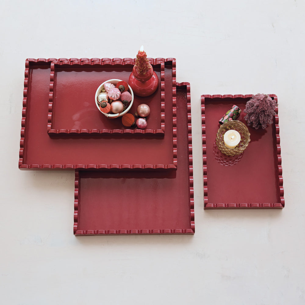 Decorative MDF Lacquered Scalloped Trays, Cranberry Color, Set of 2, view 2