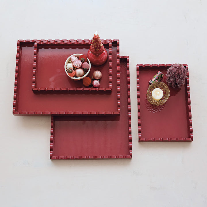 Decorative MDF Lacquered Scalloped Trays, Cranberry Color, Set of 2, view 2